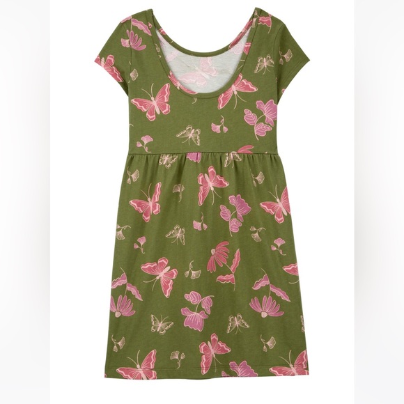 CARTERS NWT Girls Size 12 Olive Green Dress Pink Butterfly Print short sleeve - Picture 2 of 15